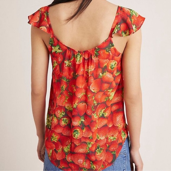 Anthropologie Ruffled Graphic Strawberry Print Tank Top Blouse Novelty Print - Picture 4 of 6